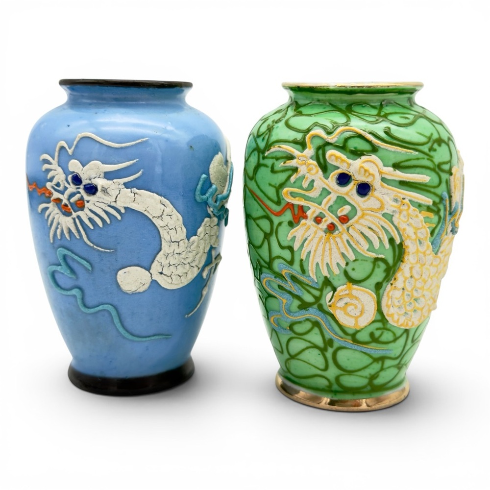 Vintage Moriage Dragonware Vases Pair Japan Green Spaghetti Slip Blue Set of 2